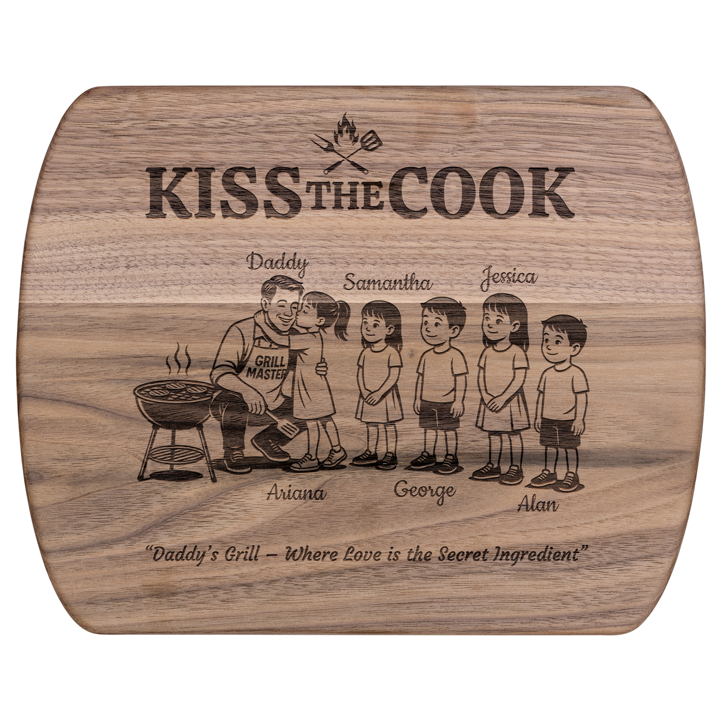Kiss The Cook | Personalized Kids and Names | Hardwood Oval Cutting Board