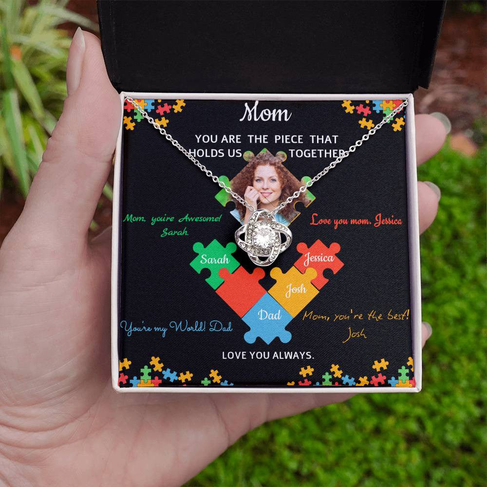 Personalized Name and Photo | Mom Puzzle Piece | Love Knot Necklace | 2 Style | with and without Signature