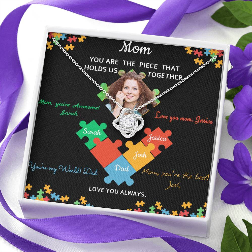 Personalized Name and Photo | Mom Puzzle Piece | Love Knot Necklace | 2 Style | with and without Signature