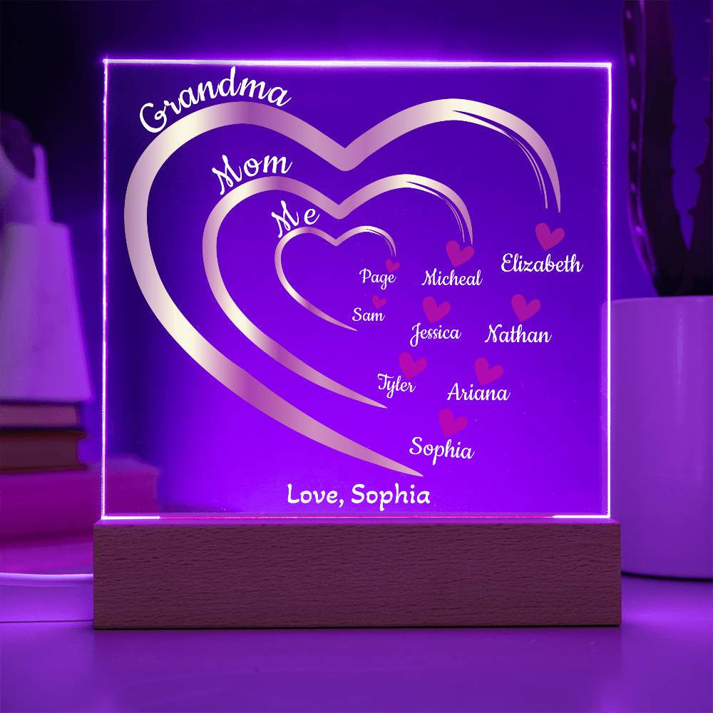 Mom-Grandma Generation Hearts | Personalized Names | Acrylic Square Plaque