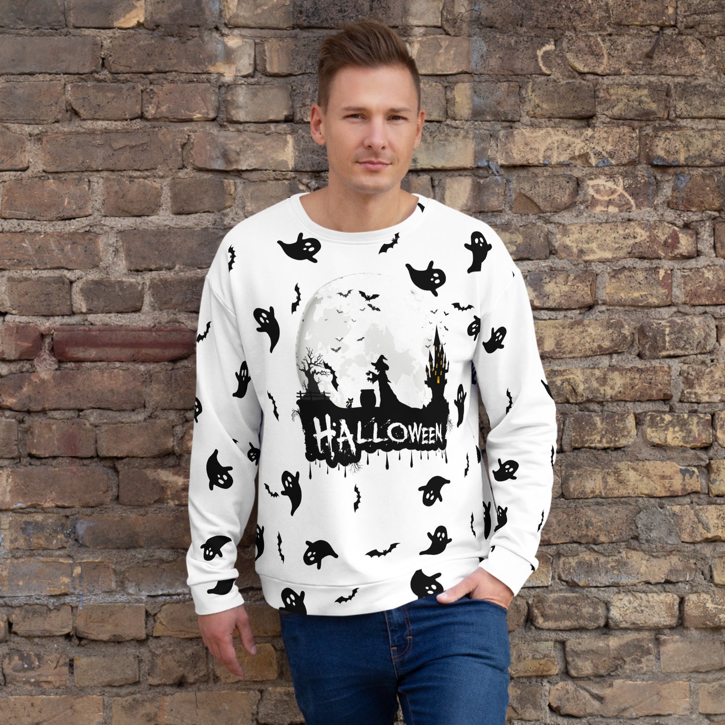 Halloween - Ghost with Moon Allover print - Unisex Sweatshirt