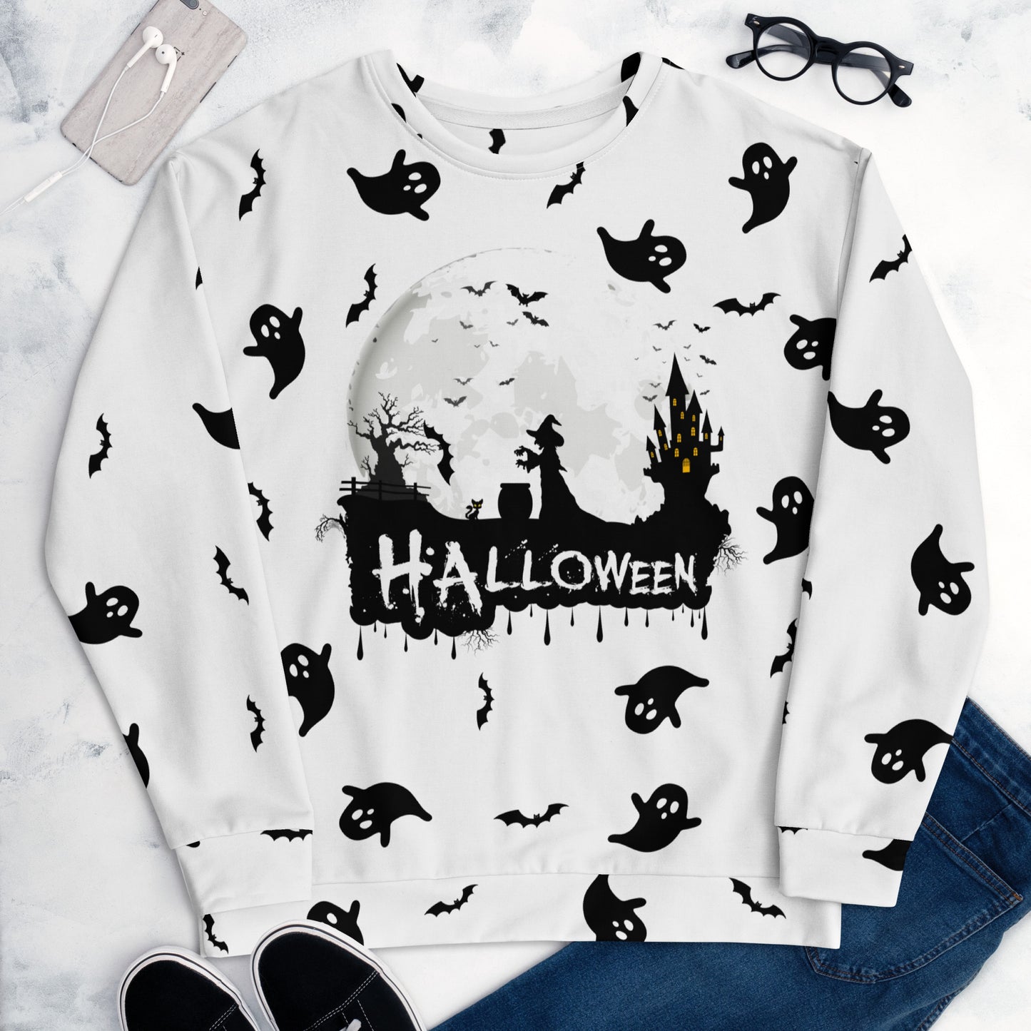Halloween - Ghost with Moon Allover print - Unisex Sweatshirt
