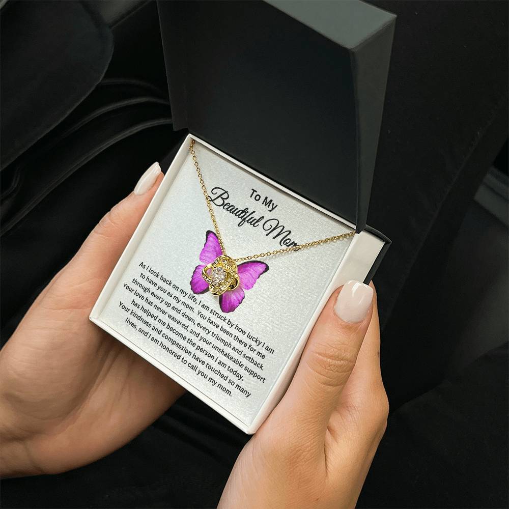 To My Beautiful Mom - Love Knot Necklace I Butterfly Message Card I Gold and Silver