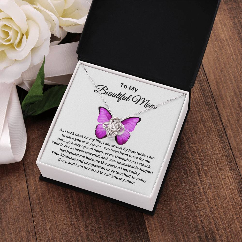 To My Beautiful Mom - Love Knot Necklace I Butterfly Message Card I Gold and Silver