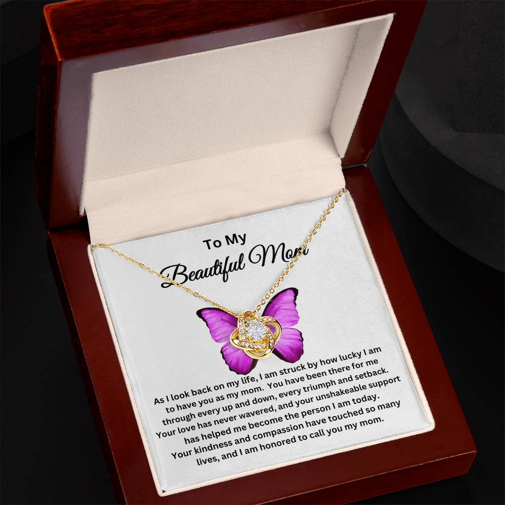 To My Beautiful Mom - Love Knot Necklace I Butterfly Message Card I Gold and Silver
