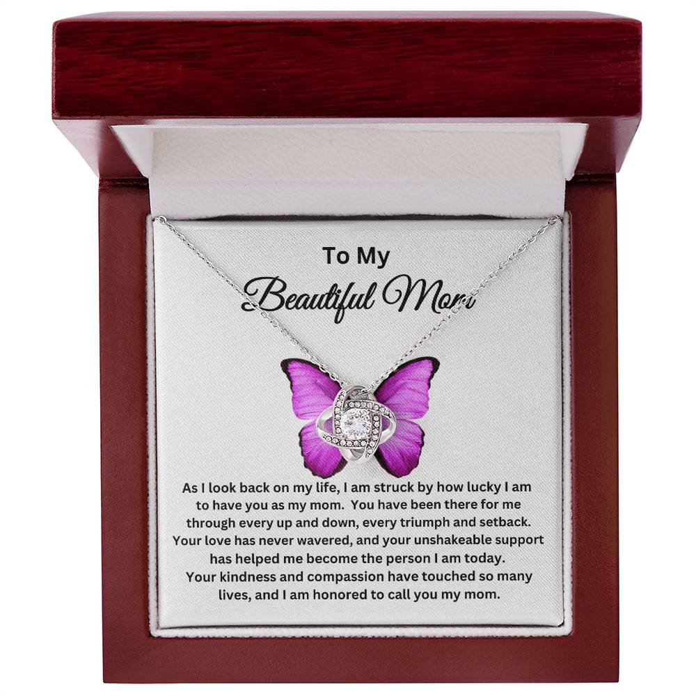 To My Beautiful Mom - Love Knot Necklace I Butterfly Message Card I Gold and Silver