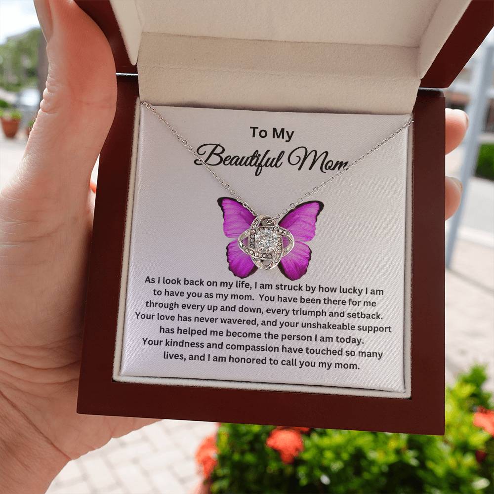 To My Beautiful Mom - Love Knot Necklace I Butterfly Message Card I Gold and Silver