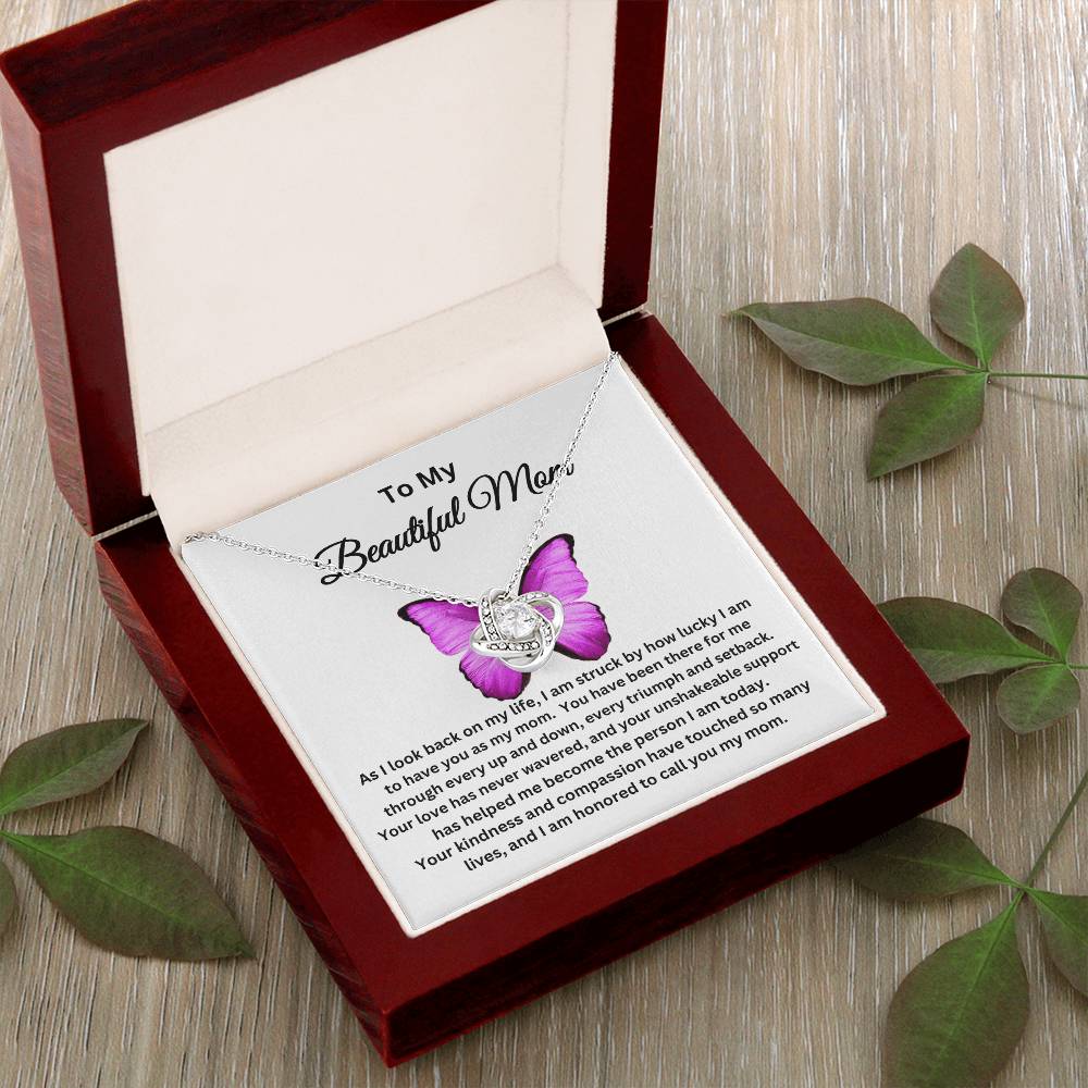 To My Beautiful Mom - Love Knot Necklace I Butterfly Message Card I Gold and Silver