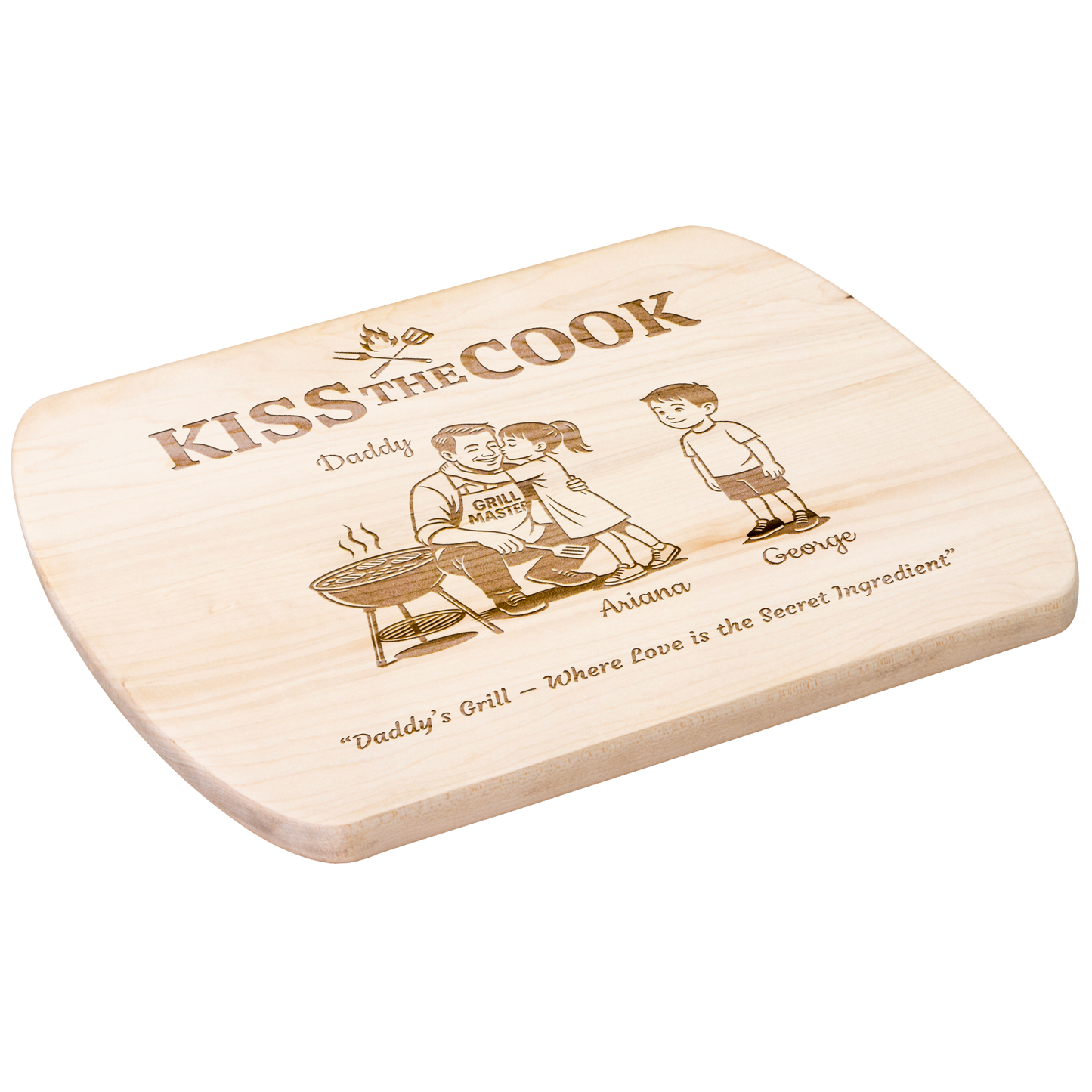 Kiss The Cook | Personalized Kids and Names | Hardwood Oval Cutting Board