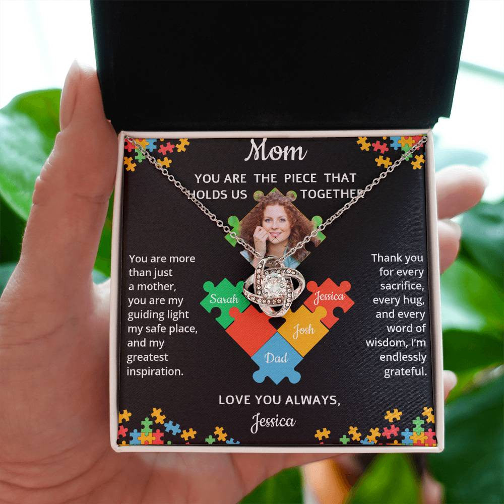 Personalized Name and Photo| Mom's Puzzle Piece | Love Knot Necklace