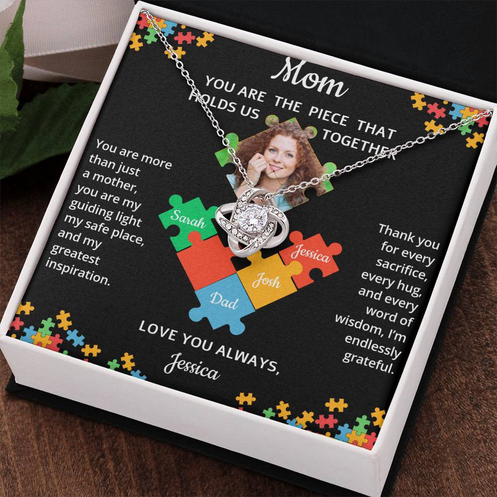 Personalized Name and Photo| Mom's Puzzle Piece | Love Knot Necklace