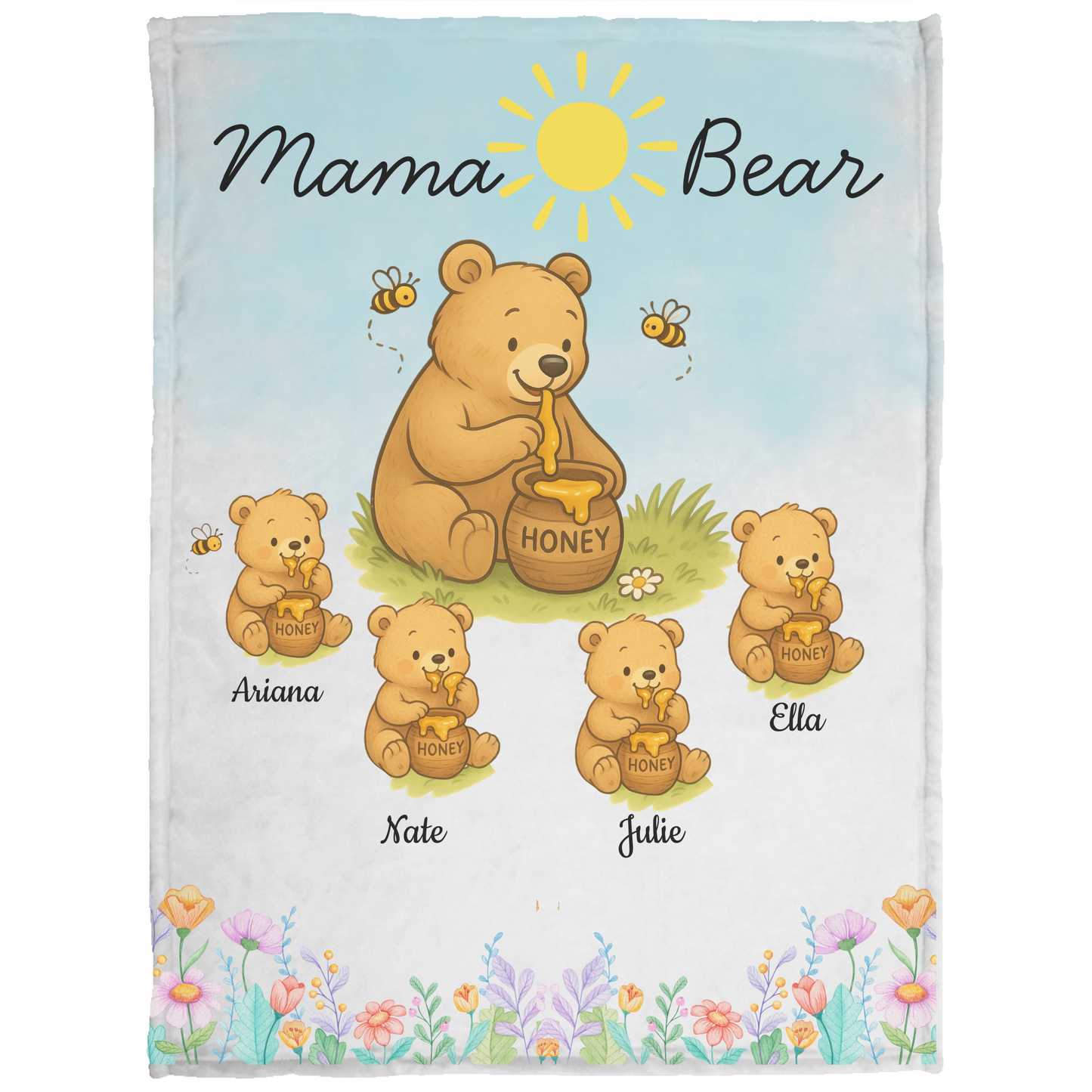 Personalized Mama Bear Sunny Meadow | Blanket | Up To 6 Child's Name | Great for Mother's Day, Birthday, Anniversary