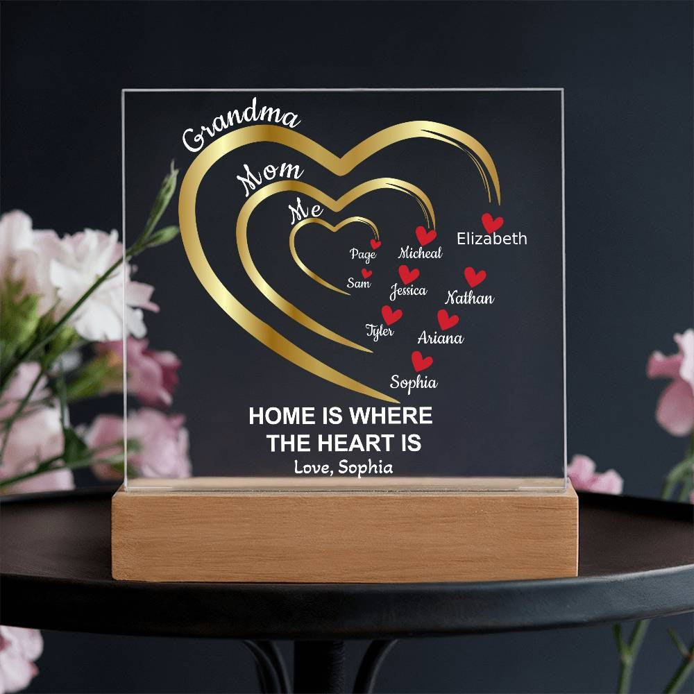 Mom-Grandma Generation Hearts | Personalized Names | Acrylic Square Plaque