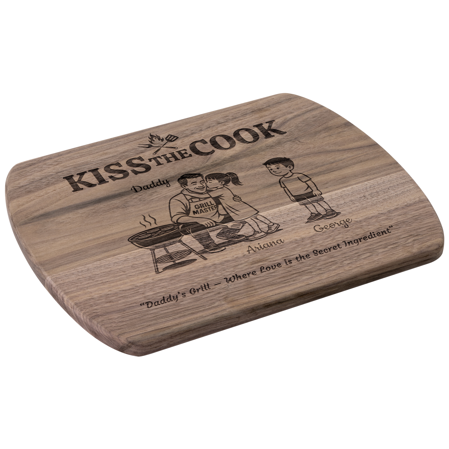 Kiss The Cook | Personalized Kids and Names | Hardwood Oval Cutting Board