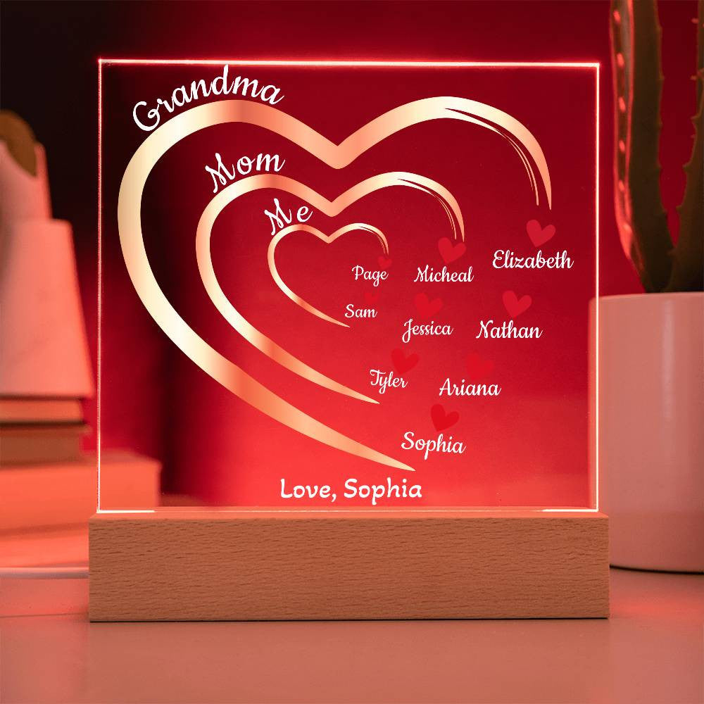 Mom-Grandma Generation Hearts | Personalized Names | Acrylic Square Plaque