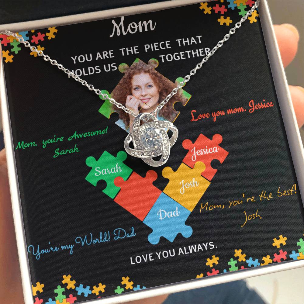 Personalized Name and Photo | Mom Puzzle Piece | Love Knot Necklace | 2 Style | with and without Signature