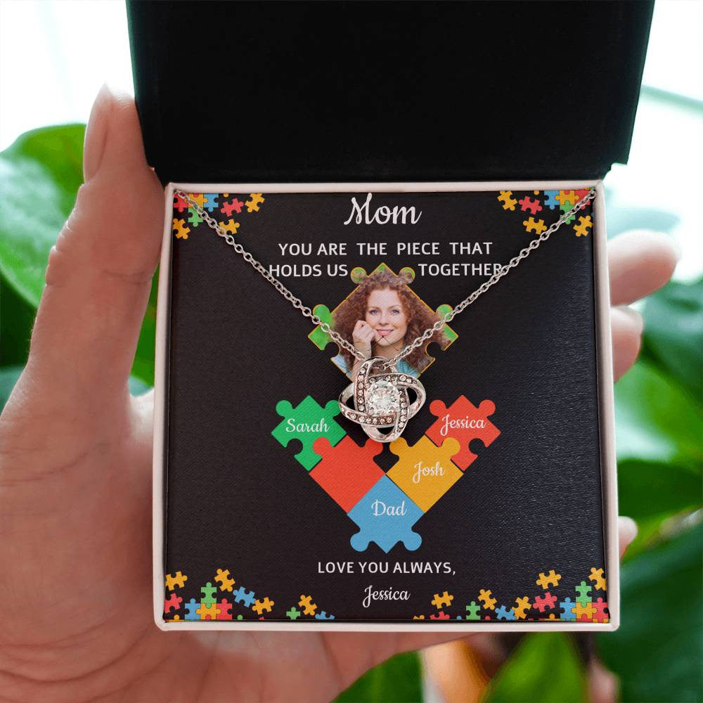 Personalized Name and Photo | Mom Puzzle Piece | Love Knot Necklace | 2 Style | with and without Signature