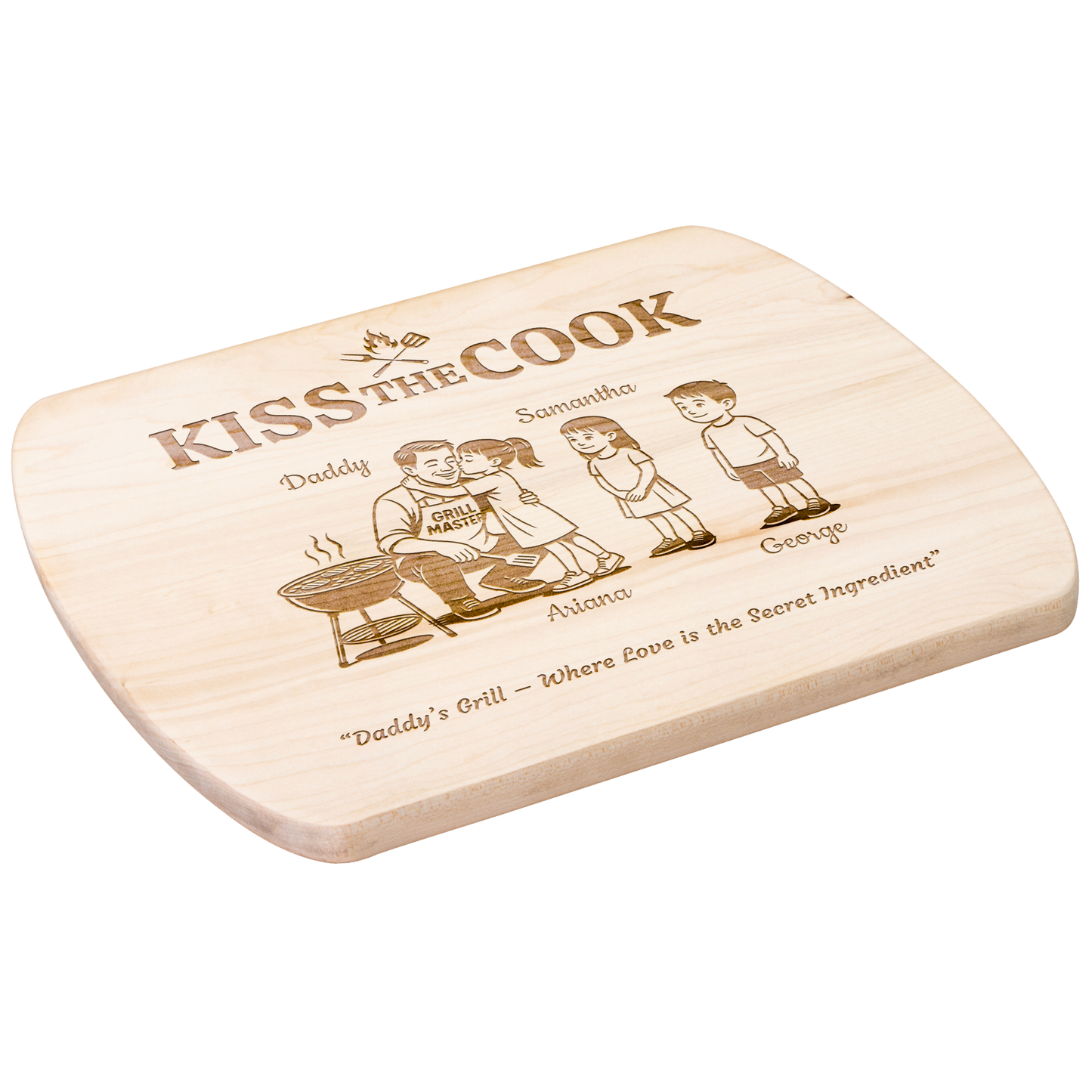 Kiss The Cook | Personalized Kids and Names | Hardwood Oval Cutting Board