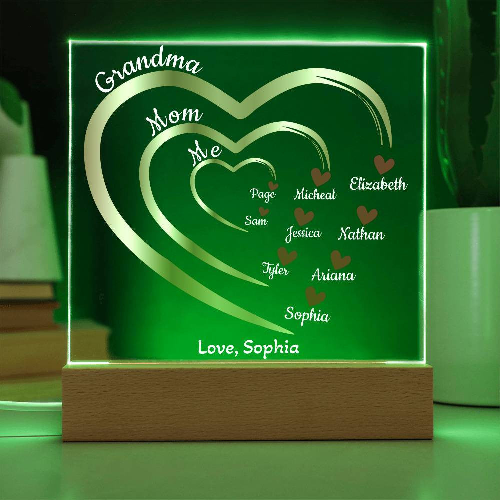 Mom-Grandma Generation Hearts | Personalized Names | Acrylic Square Plaque