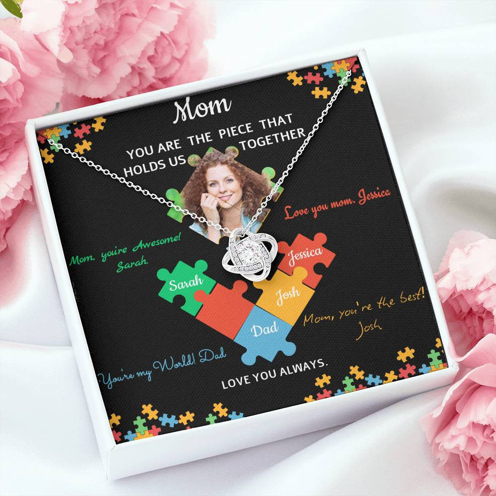 Personalized Name and Photo | Mom Puzzle Piece | Love Knot Necklace | 2 Style | with and without Signature