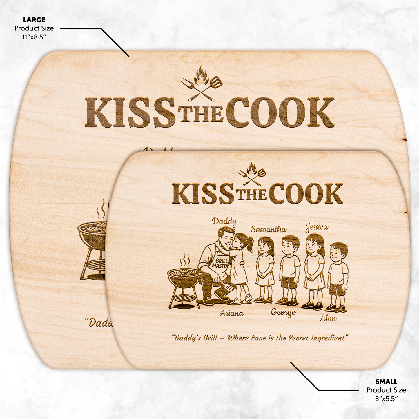 Kiss The Cook | Personalized Kids and Names | Hardwood Oval Cutting Board