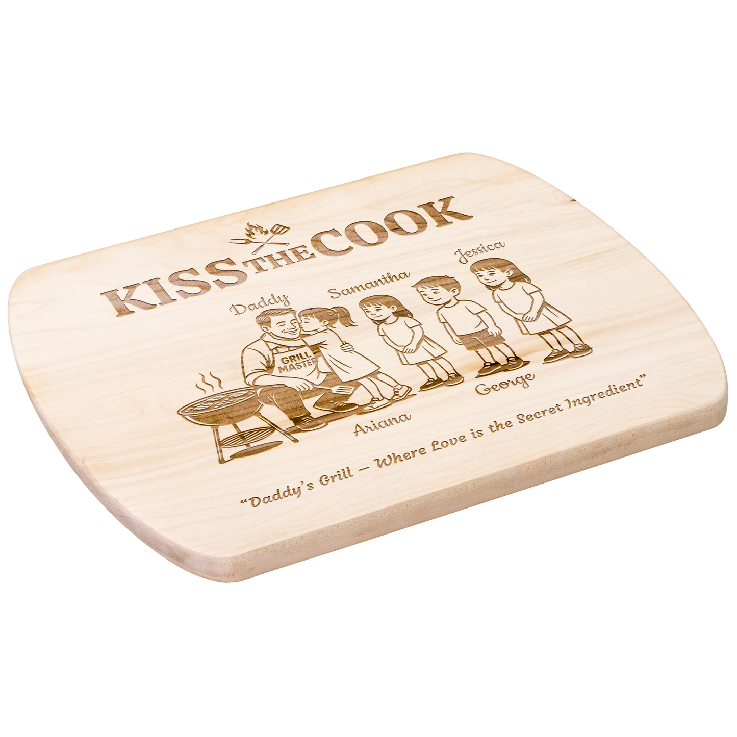 Kiss The Cook | Personalized Kids and Names | Hardwood Oval Cutting Board