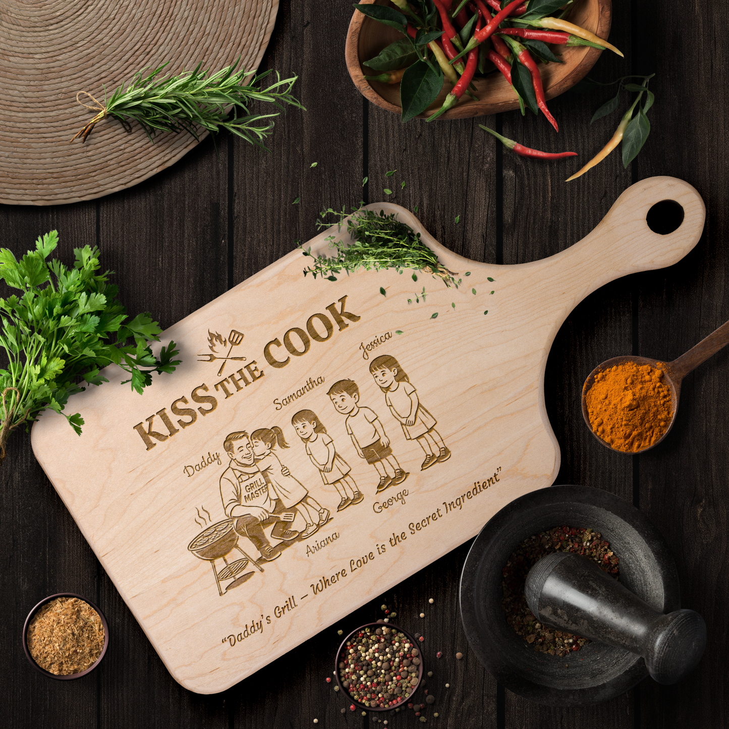 Kiss The Cook | Father's Day Gift | Hardwood Paddle Cutting Board