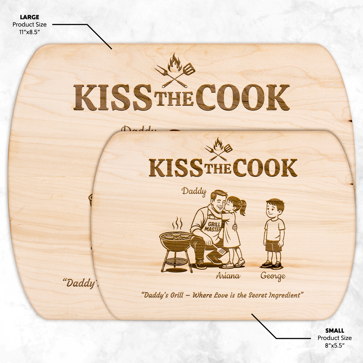 Kiss The Cook | Personalized Kids and Names | Hardwood Oval Cutting Board
