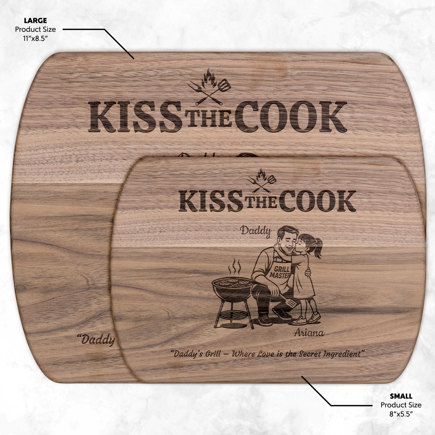 Kiss The Cook | Personalized Kids and Names | Hardwood Oval Cutting Board