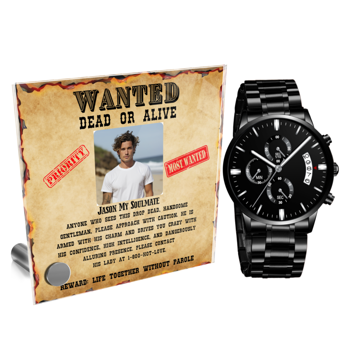Wanted Dead or Alive | Personalized Lumenglass Plaque with | Black Chronograph Watch