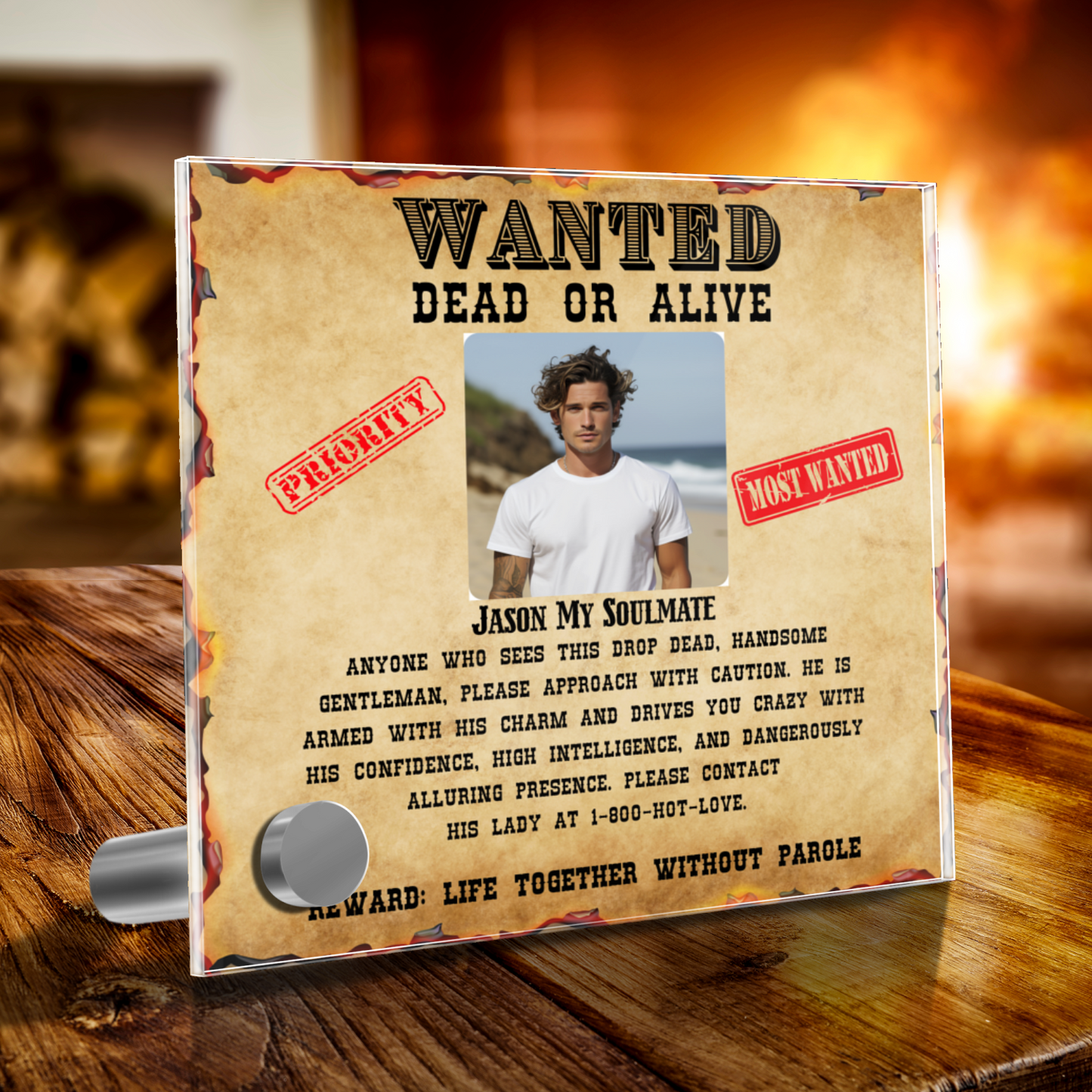 Wanted Dead or Alive | Personalized Lumenglass Plaque with | Black Chronograph Watch