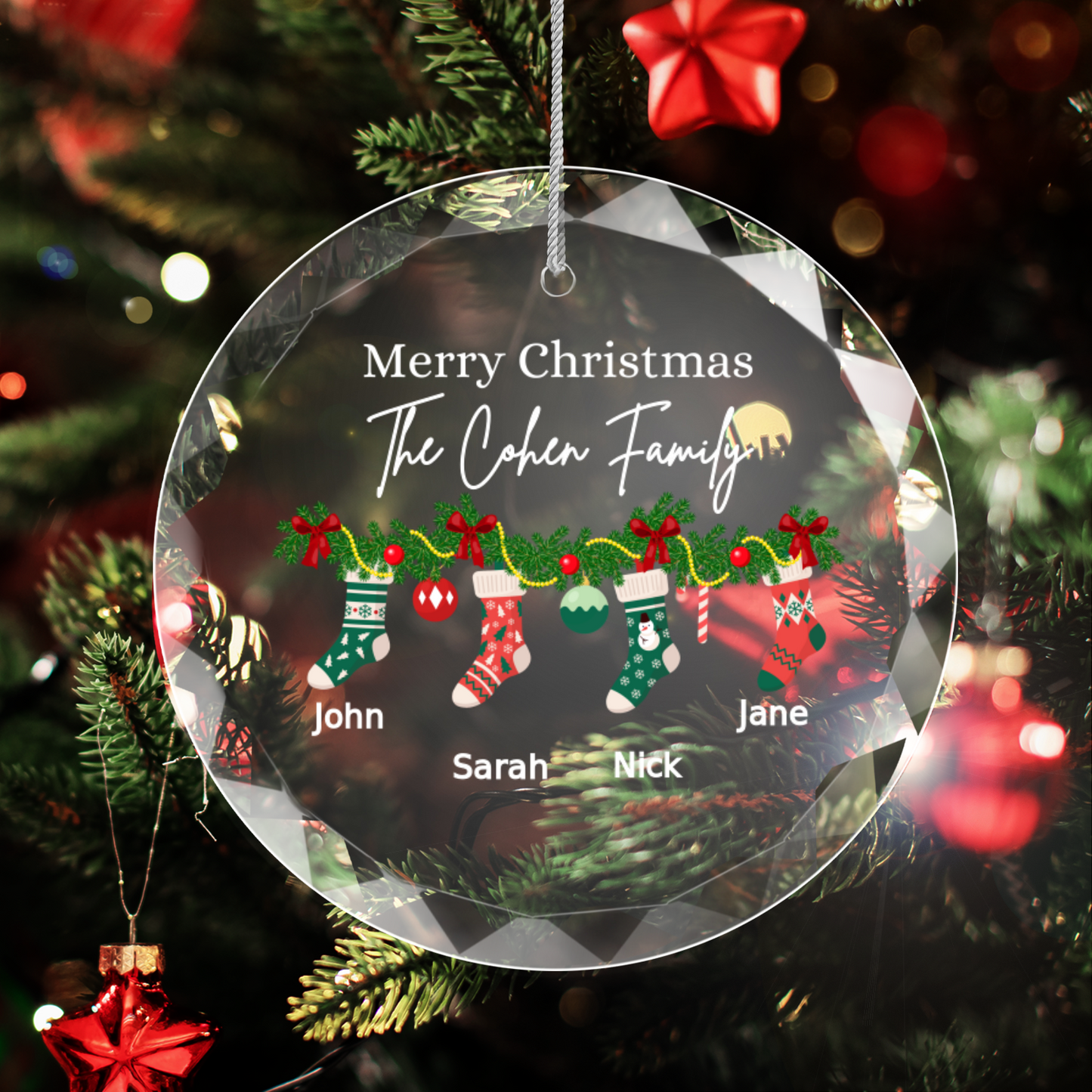 Personalized Family | Merry Christmas | Elegance Glass Premium Ornament With Gift Box