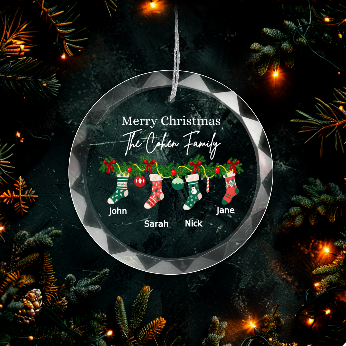 Personalized Family | Merry Christmas | Elegance Glass Premium Ornament With Gift Box