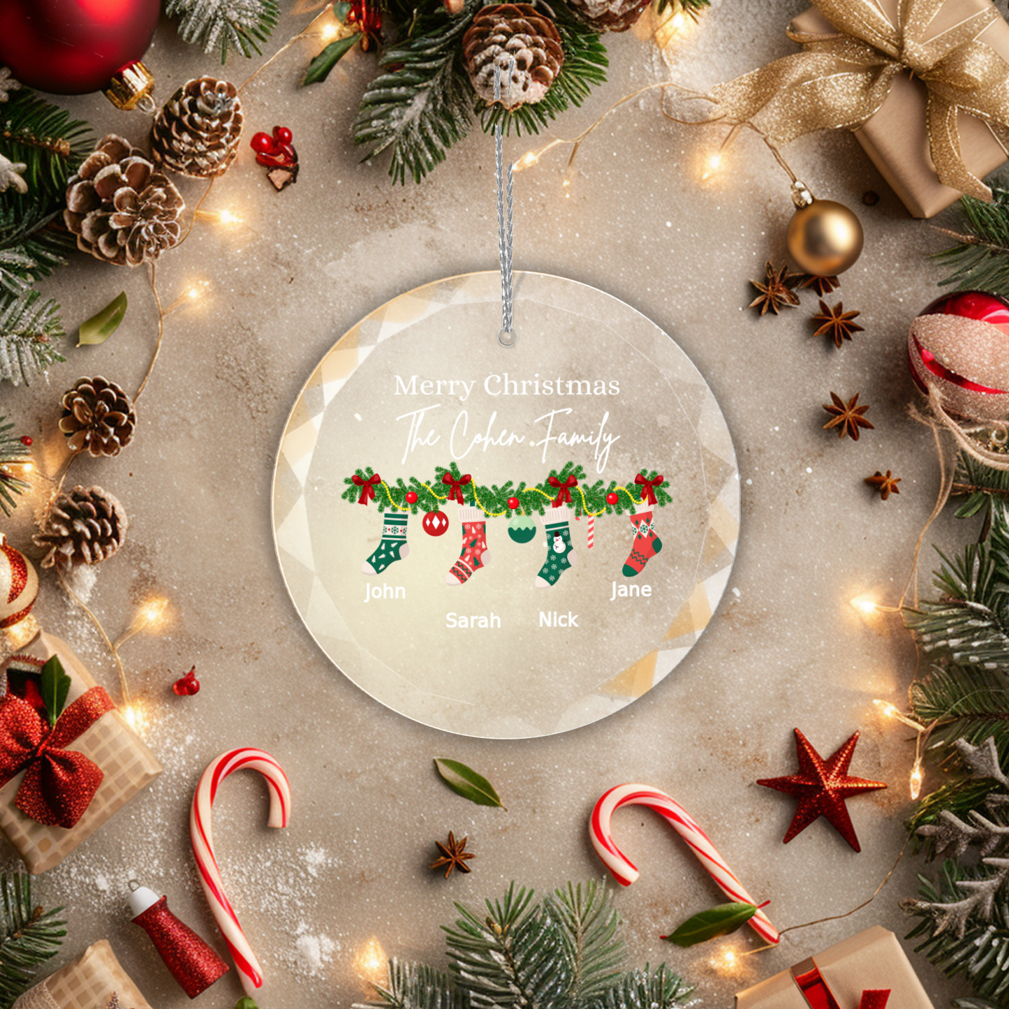 Personalized Family | Merry Christmas | Elegance Glass Premium Ornament With Gift Box