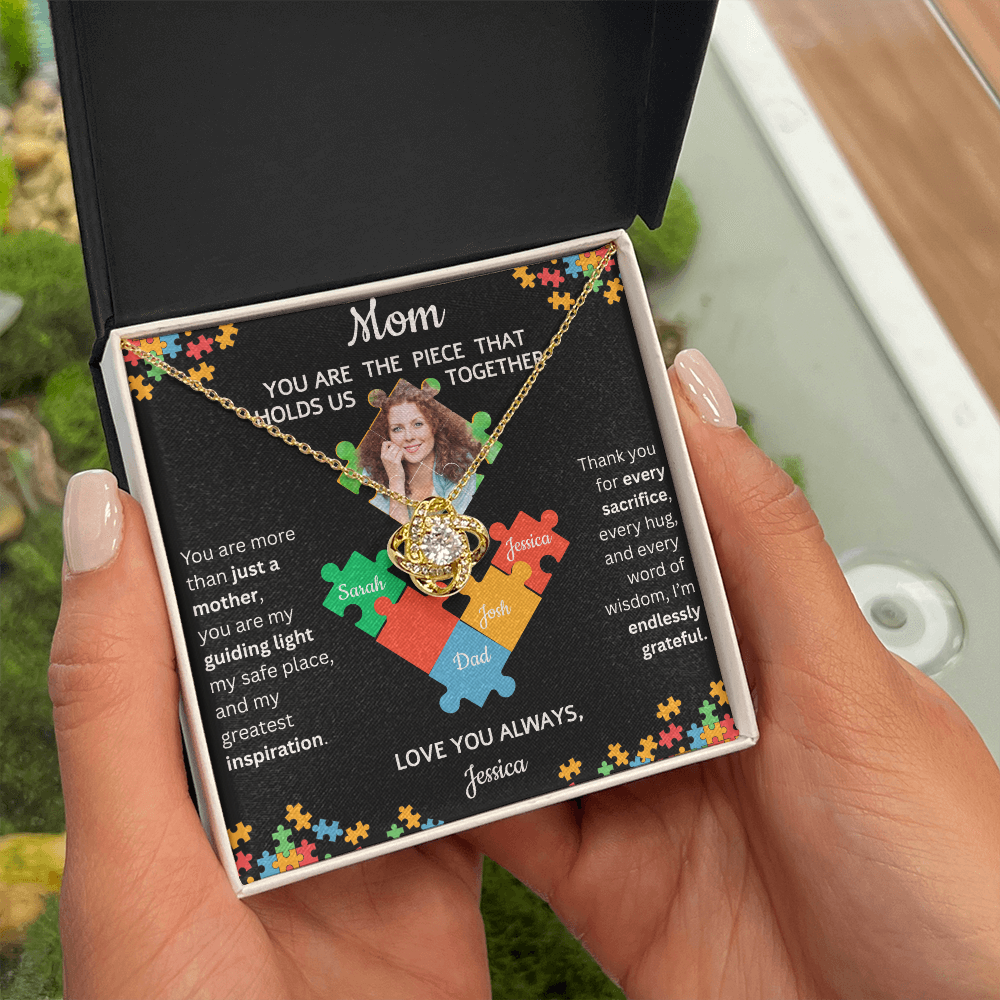 Personalized Name and Photo| Mom's Puzzle Piece | Love Knot Necklace