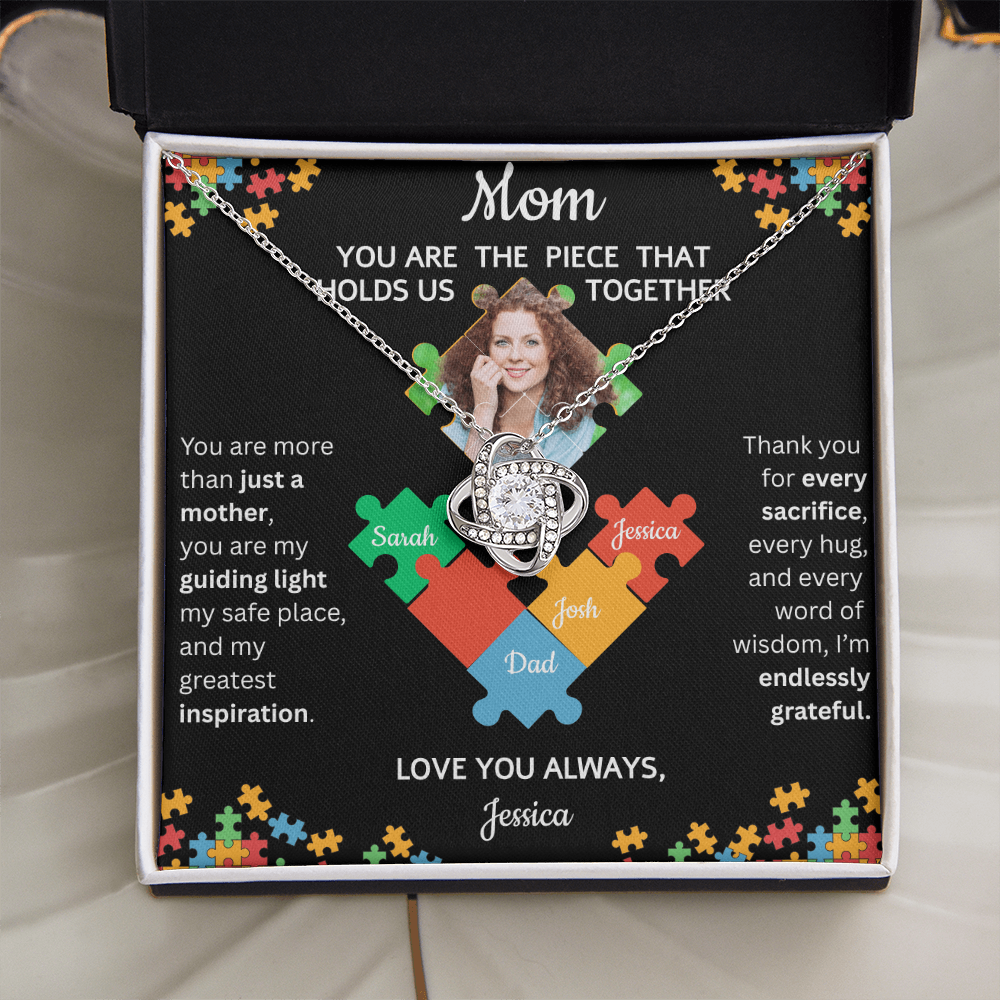 Personalized Name and Photo| Mom's Puzzle Piece | Love Knot Necklace