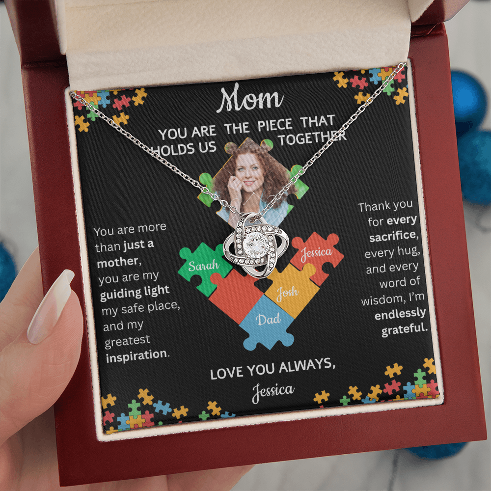 Personalized Name and Photo| Mom's Puzzle Piece | Love Knot Necklace