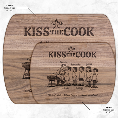 Kiss The Cook | Personalized Kids and Names | Hardwood Oval Cutting Board