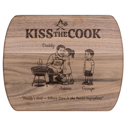 Kiss The Cook | Personalized Kids and Names | Hardwood Oval Cutting Board