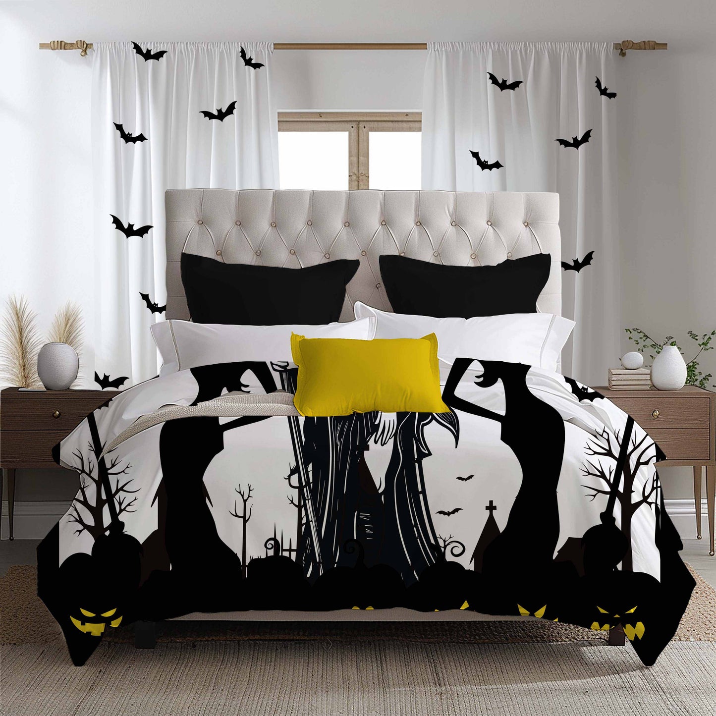 Halloween | Witchy's Angels | Sheer | Window Curtain | Black/White