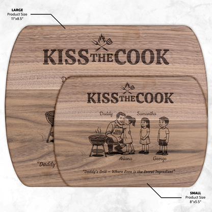 Kiss The Cook | Personalized Kids and Names | Hardwood Oval Cutting Board