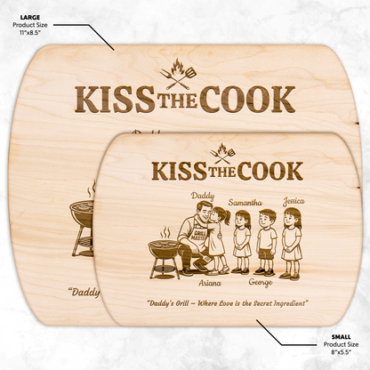 Kiss The Cook | Personalized Kids and Names | Hardwood Oval Cutting Board