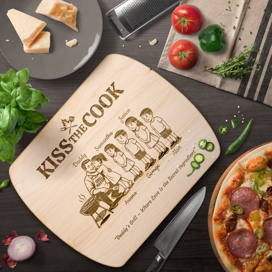 Kiss The Cook | Personalized Kids and Names | Hardwood Oval Cutting Board