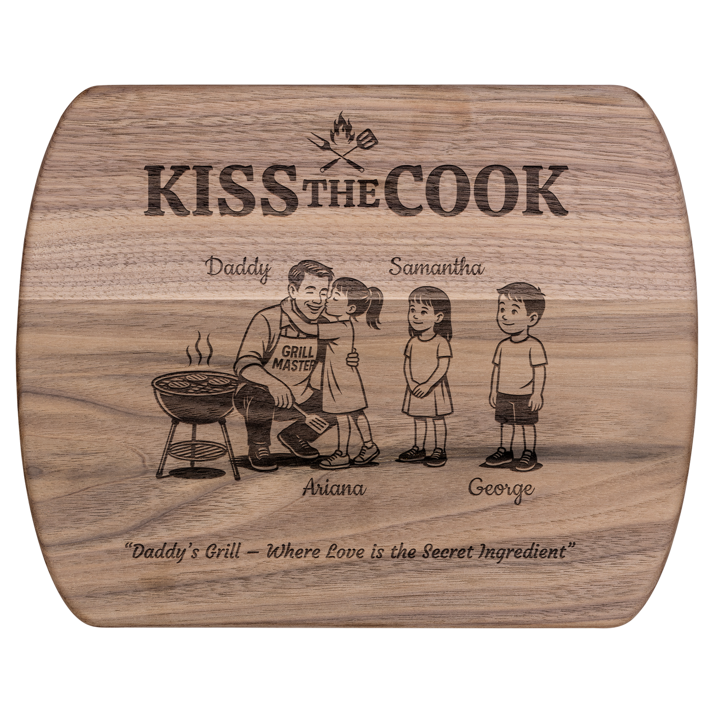 Kiss The Cook | Personalized Kids and Names | Hardwood Oval Cutting Board