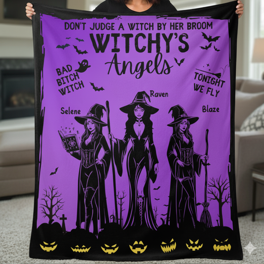 Witchy's Angels | Halloween | Witch thrown Blanket  for Couch Sofa Bed Chair Decor