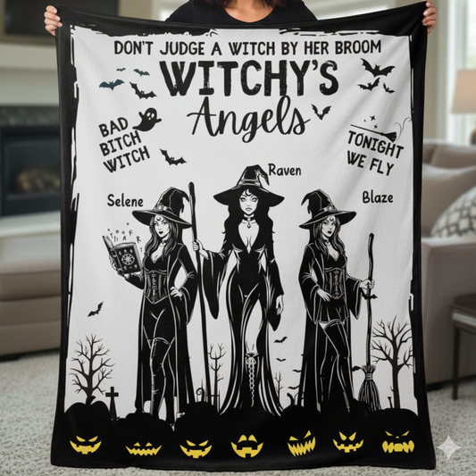 Witchy's Angels | Halloween | Witch thrown Blanket  for Couch Sofa Bed Chair Decor