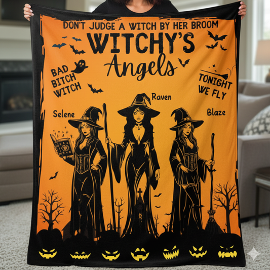 Witchy's Angels | Halloween | Witch thrown Blanket  for Couch Sofa Bed Chair Decor