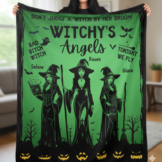 Witchy's Angels | Halloween | Witch thrown Blanket  for Couch Sofa Bed Chair Decor