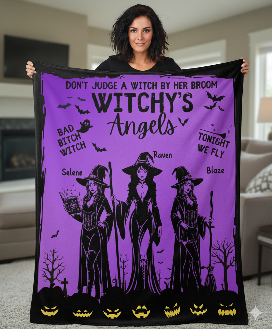Witchy's Angels | Halloween | Witch thrown Blanket  for Couch Sofa Bed Chair Decor