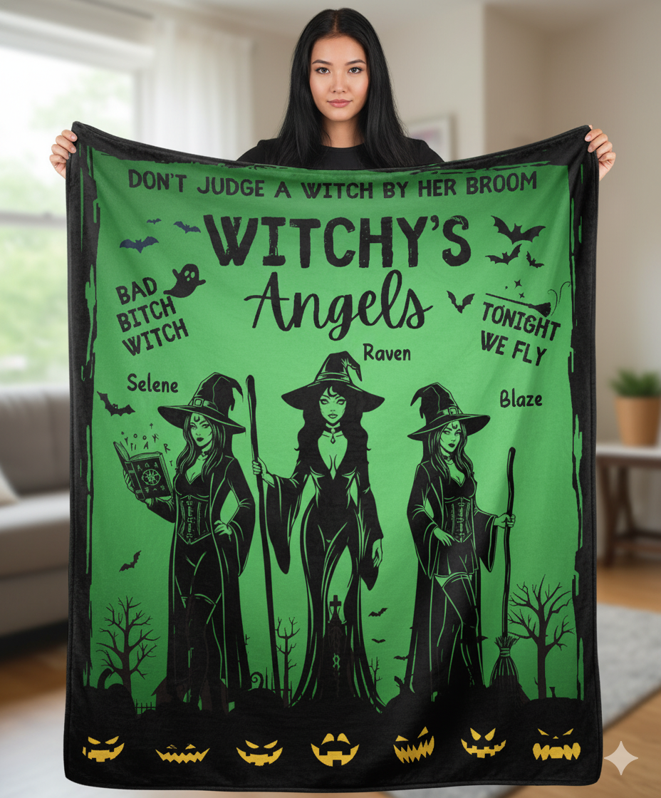 Witchy's Angels | Halloween | Witch thrown Blanket  for Couch Sofa Bed Chair Decor